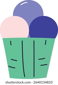 A stylized ice cream cone with three scoops in a flat, modern style. The cone is depicted with bold lines and simple shapes. Cartoon vector illustration.