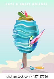 Stylized ice cream in the form of waves of the sea. Vector illustration. Blue ice cream with fruit filling. Holidays at sea