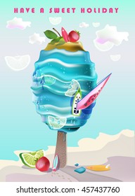 Stylized ice cream in the form of waves of the sea. Vector illustration. Blue ice cream with fruit filling. Holidays at sea