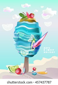Stylized ice cream in the form of waves of the sea. Vector illustration. Blue ice cream with fruit filling. Holidays at sea