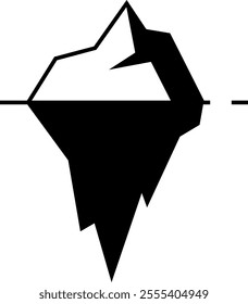 Stylized iceberg with a geometric design. The top part above water is smaller, and the larger part below water symbolizes hidden depths. This visual metaphor represents unseen aspects of issues.