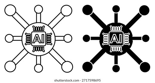 Ein stilisiertes Symbol eines AI-Chips mit strahlenden Verbindungen zu umgebenden Knoten, das ein Netzwerk oder System symbolisiert.