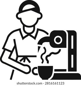 Stylized icon of a barista preparing hot coffee using an espresso machine, pouring into a cup with steam rising.