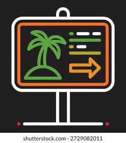 Icono estilizado de una señal de destino de playa con una palmera y una flecha direccional que indica información de viaje