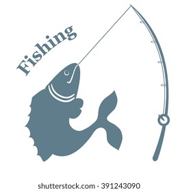 Stylized icon with big fish caught the rod and an inscription: "Fishing" on a white background