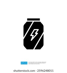 Stylized Icon of a Black and White Energy Drink Can with Lightning Symbol for Power and Refreshment Concept