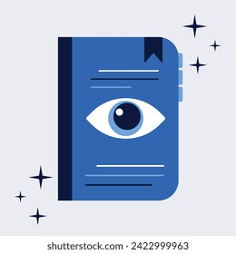Stylized icon blue book with a big eye on the cover. Can be used for websites or printed materials. Flat design. Vector illustration