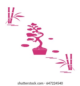 Stylized icon of bonsai tree and bamboo. Travel and leisure. Design for banner, poster or print.
