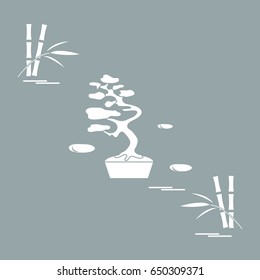 Stylized icon of bonsai tree and bamboo. Travel and leisure. Design for banner, poster or print.