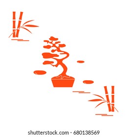 Stylized icon of bonsai tree and bamboo. Travel and leisure. Design for banner, poster or print.