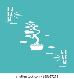 Stylized icon of bonsai tree and bamboo. Travel and leisure. Design for banner, poster or print.