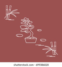 Stylized icon of bonsai tree and bamboo. Travel and leisure. Design for banner, poster or print.