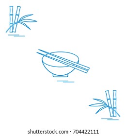 Stylized icon of bowl with chopsticks and bamboo. Asian food restaurant. Design for poster or print.