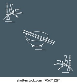 Stylized icon of bowl with chopsticks and bamboo. Asian food restaurant. Design for poster or print.