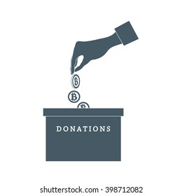 Stylized icon calling to make a donation. Hand pouring the bitcoins in the donation box on a white background