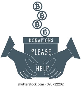 Stylized icon calling to make a donation. Bitcoins are poured into a box for donations that keep both hands on a white background