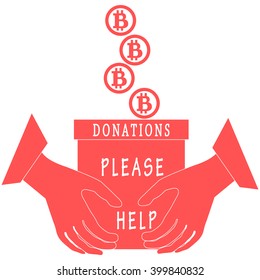 Stylized icon calling to make a donation. Bitcoins are poured into a box for donations that keep both hands on a white background