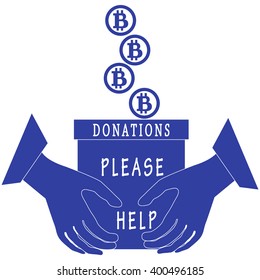 Stylized icon calling to make a donation. Bitcoins are poured into a box for donations that keep both hands on a white background