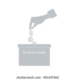 Stylized icon calling to make a donation. Hand pouring the bitcoins in the donation box on a white background