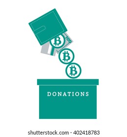 Stylized icon calling to make a donation. From wallet with the card, bill and bitcoin spilling bitcoins in the donation box on a white background
