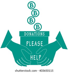 Stylized icon calling to make a donation. Bitcoins are poured into a box for donations that keep both hands on a white background