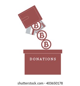 Stylized icon calling to make a donation. From wallet with the card, bill and bitcoin spilling bitcoins in the donation box on a white background