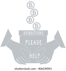 Stylized icon calling to make a donation. Bitcoins are poured into a box for donations that keep both hands on a white background