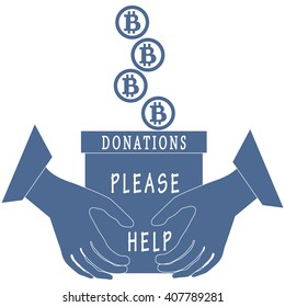 Stylized icon calling to make a donation. Bitcoins are poured into a box for donations that keep both hands on a white background