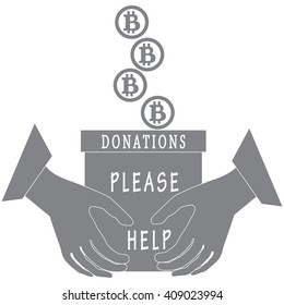 Stylized icon calling to make a donation. Bitcoins are poured into a box for donations that keep both hands on a white background
