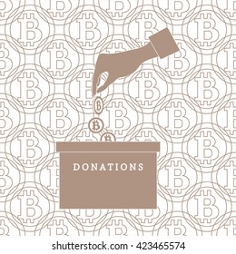 Stylized icon calling to make a donation. Hand pouring the bitcoins in the donation box on a bitcoins background