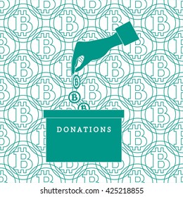 Stylized icon calling to make a donation. Hand pouring the bitcoins in the donation box on a bitcoins background