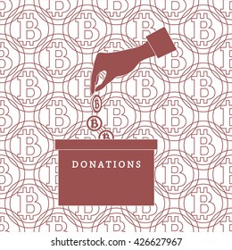 Stylized icon calling to make a donation. Hand pouring the bitcoins in the donation box on a bitcoins background