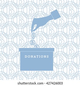 Stylized icon calling to make a donation. Hand pouring the bitcoins in the donation box on a bitcoins background