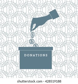 Stylized icon calling to make a donation. Hand pouring the bitcoins in the donation box on a bitcoins background