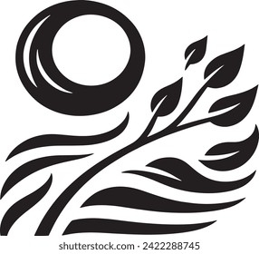 Eine stylisierte Ikone, die das Wesen der Harmonie der Natur erobert, mit einer kühlen kreisförmigen Form, die Sonne oder Mond repräsentiert, mit einem fließenden Design aus Blättern und Wind.
