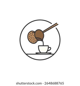 Ícone estilizado de um cezve despejando em uma demitasse, perfeito para menus de café destacando café turco, métodos tradicionais de cerveja e ricas alternativas de café expresso cultural
