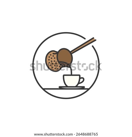 Stylized icon of a cezve pouring into a demitasse, perfect for café menus highlighting Turkish coffee, traditional brewing methods, and rich cultural espresso alternatives