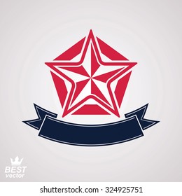 Stylized icon, clear eps8 symbol. Vector pentagonal star with decorative ribbon, isolated on white background.