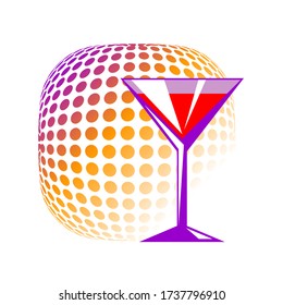 Stylized icon with a cocktail drink and disco lights. Vector illustration
