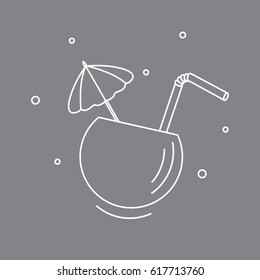 Stylized icon of the cocktail in half coconut, tube and umbrella. Travel and leisure. Design for banner, poster or print.
