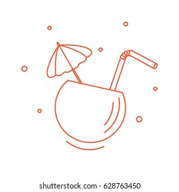 Stylized icon of the cocktail in half coconut, tube and umbrella. Travel and leisure. Design for banner, poster or print.