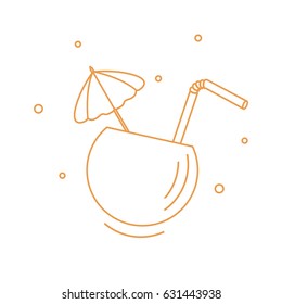 Stylized icon of the cocktail in half coconut, tube and umbrella. Travel and leisure. Design for banner, poster or print.