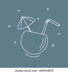 Stylized icon of the cocktail in half coconut, tube and umbrella. Travel and leisure. Design for banner, poster or print.