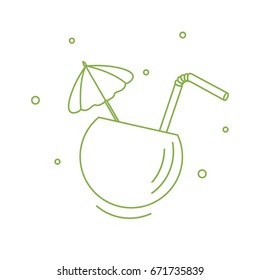 Stylized icon of the cocktail in half coconut, tube and umbrella. Travel and leisure. Design for banner, poster or print.