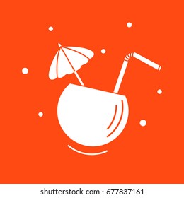 Stylized icon of the cocktail in half coconut, tube and umbrella. Travel and leisure. Design for banner, poster or print.