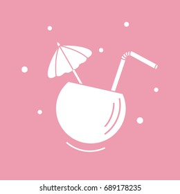 Stylized icon of the cocktail in half coconut, tube and umbrella. Travel and leisure. Design for banner, poster or print.