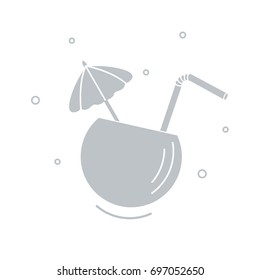 Stylized icon of the cocktail in half coconut, tube and umbrella. Travel and leisure. Design for banner, poster or print.