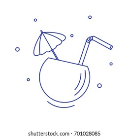 Stylized icon of the cocktail in half coconut, tube and umbrella. Travel and leisure. Design for banner, poster or print.