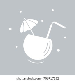Stylized icon of the cocktail in half coconut, tube and umbrella. Travel and leisure. Design for banner, poster or print.
