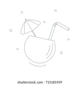 Stylized icon of the cocktail in half coconut, tube and umbrella. Travel and leisure. Design for banner, poster or print.